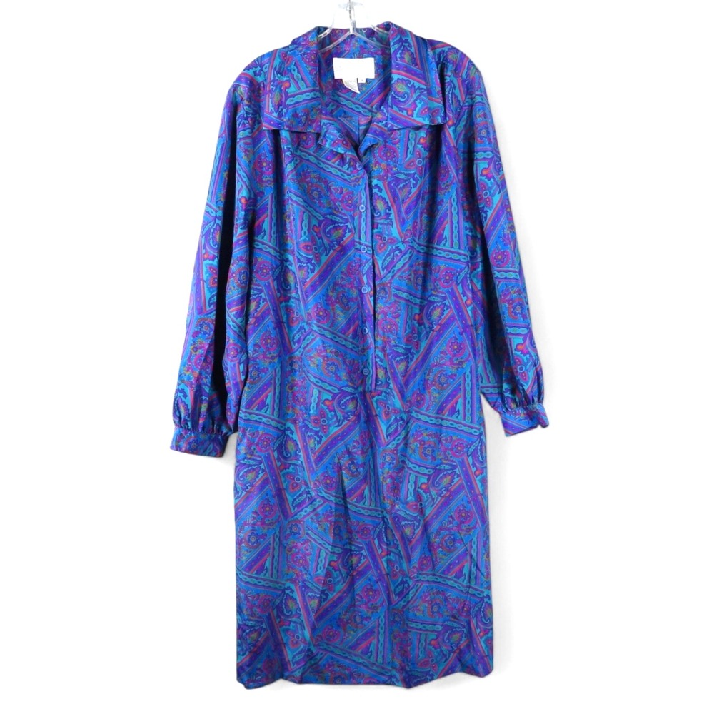 VTG Schrader Shift Shirt Dress SILKY GEORGETTE Blue/Purple Paisley 14 (46"Bust)